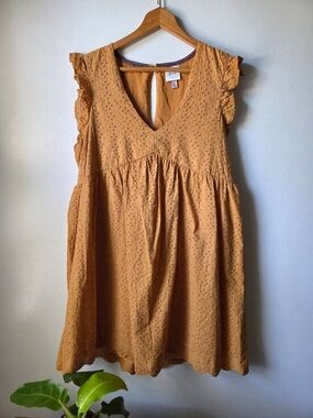 Eyelet V-Neck Flutter Sleeve Dress in Mustard